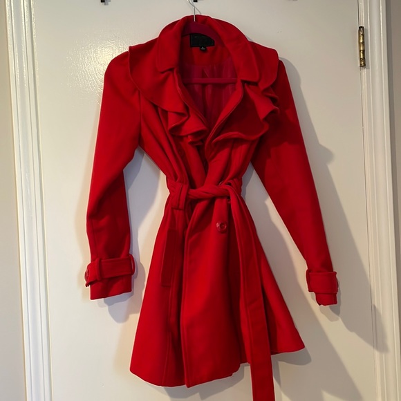 Miss London Jackets & Blazers - Red Ruffle Coat